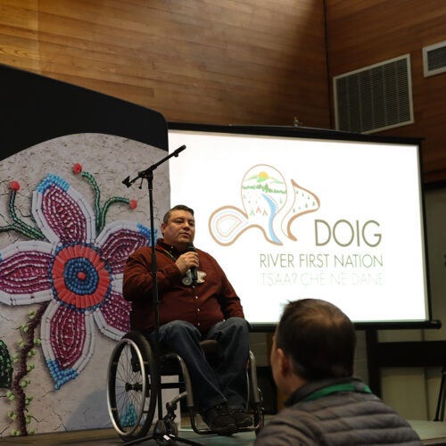 Doig River First Nation Chief Trevor Makadahay speaks at the language symposium