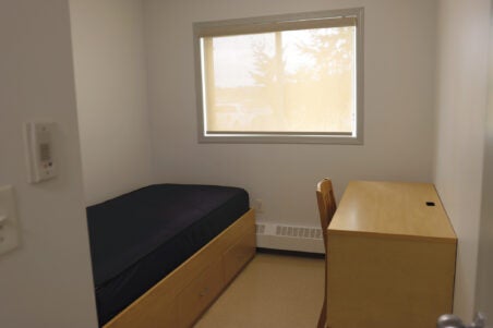 window, single bed, desk and chair in room
