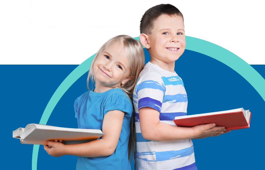 two children back to back, smiling and holding books