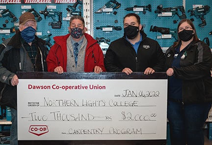 Wayne Ezeard, Co-op Board of Directors; Leo Manning, NLC Dean of Trades and Apprenticeships; Jeremy Martin, Co-op Operations Manager; and Tara Pollard, Co-op Hardware Manager.